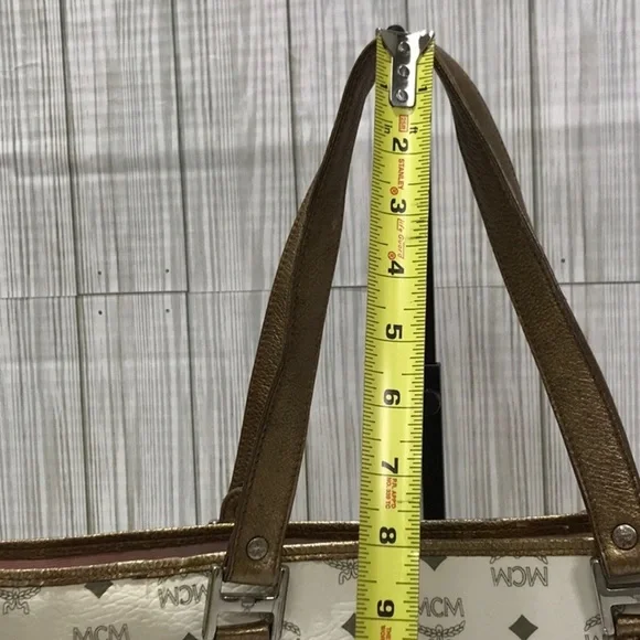 MCM Tote Bag White Logo Visetos Canvas Leather Trim Shoulder Bag - Picture 16 of 16